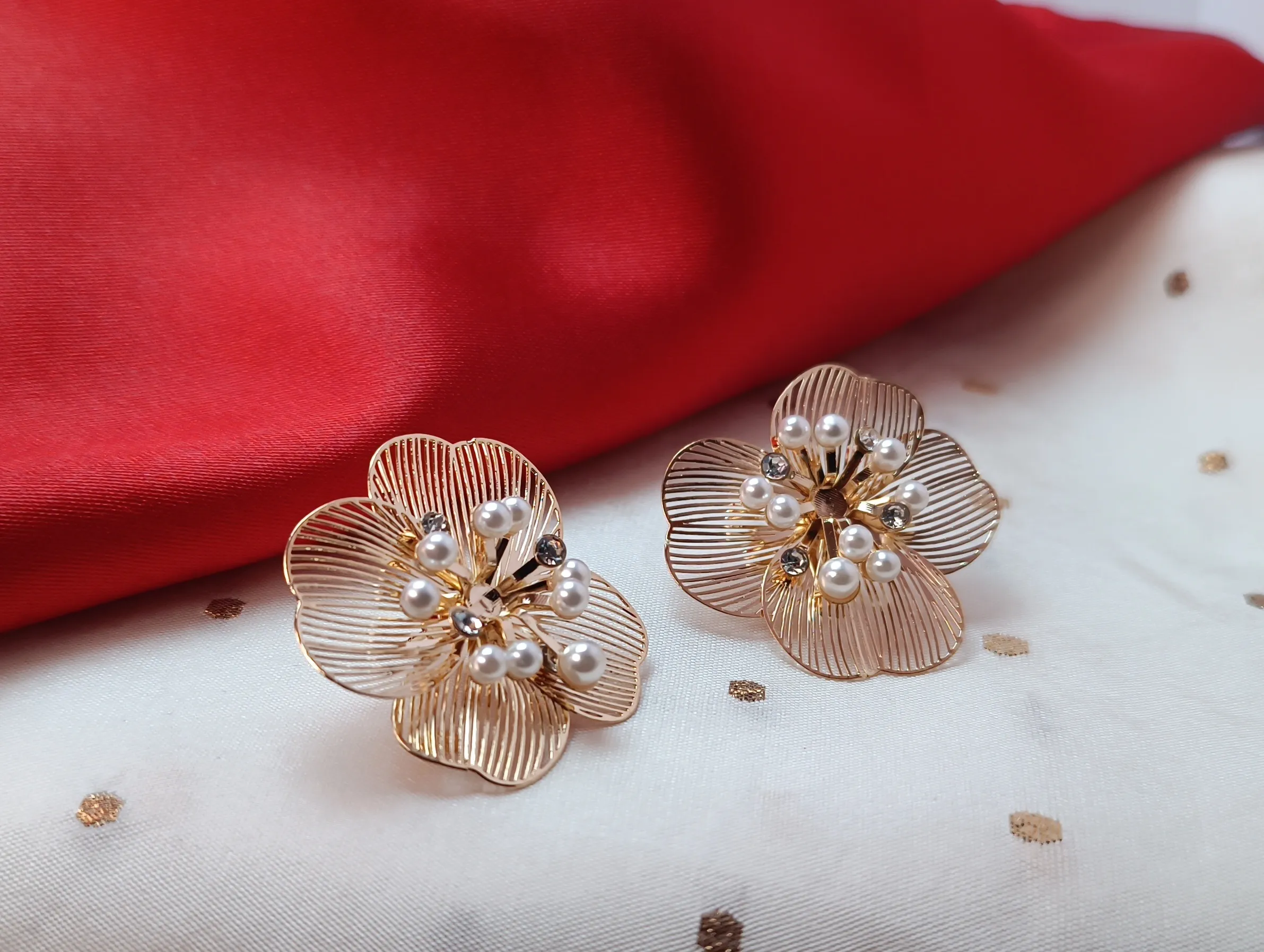 Filigree Floral Studs with Pearl Accents | Minimalist Indian Statement Earrings